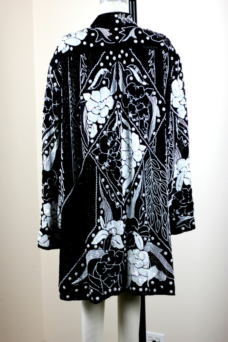 Plus sz 2X// Black White Sequin Beaded Duster// Long Jacket// Sequin coat image 3