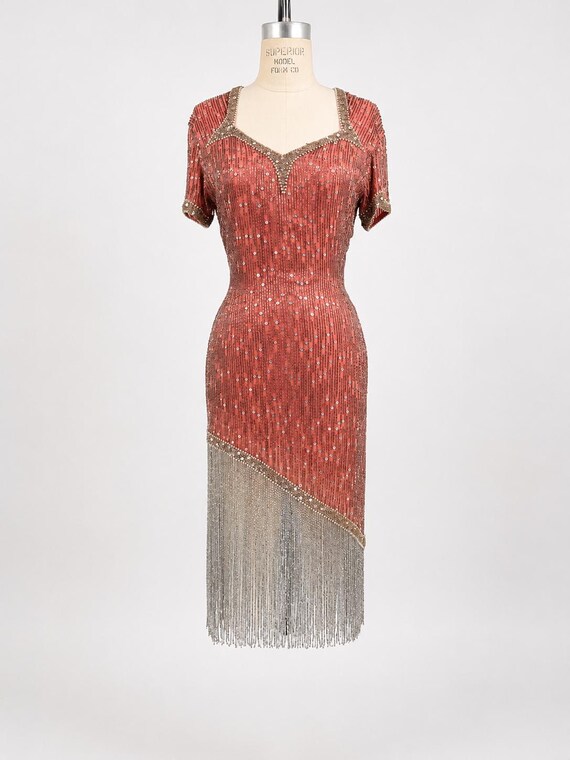 Vintage Pink Beaded Fringe Dress, 20s Gatsby Inspired Cocktail Dress, Blush Sequin Flapper Dress, Couture Dress (sz XS)