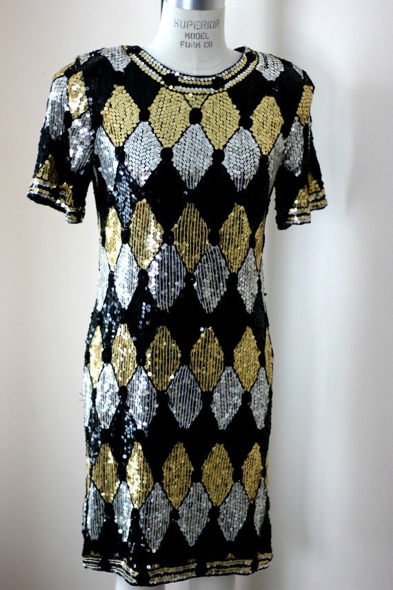 Sz S//Geometric Sequined Beaded  Dress// vintage … - image 5
