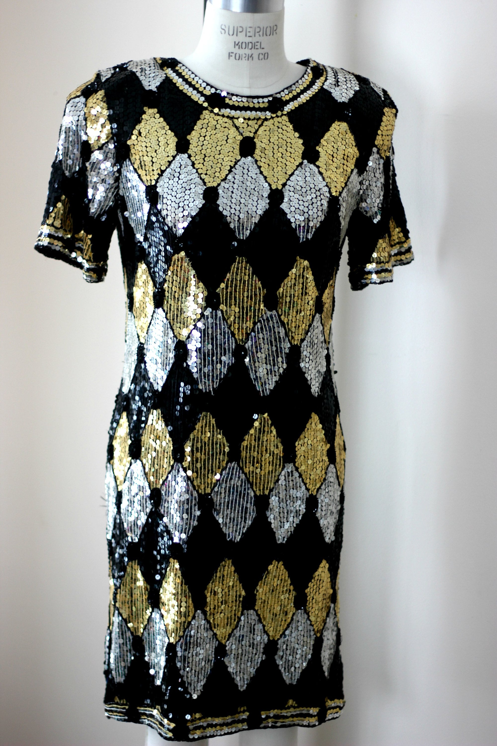 black and gold sequin shift dress Sz S//geometric Silver Beaded Dress//vintage Keyhole Back Party Dress/black, Gold and Silver maroon mini dress