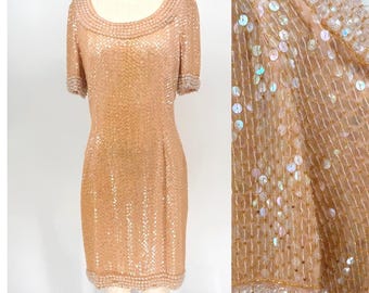 Vintage zwarte cocktailjurk met pailletten van Oleg Cassini, perzik-champagnekleurige feestjurk met kralen, designer avondjurk uit de jaren 80, bruiloftsgast (maat 12)