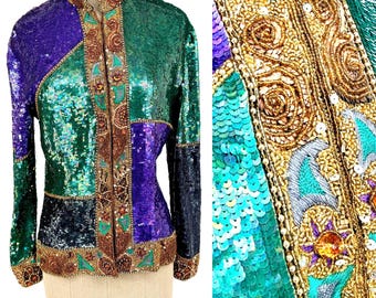 Sz 8//Vintage Naeem Khan Riazee Sequin Jacket//Couture Multicolor Beaded Evening Jacket//Emerald & Purple 80s Luxe Glam Jacket