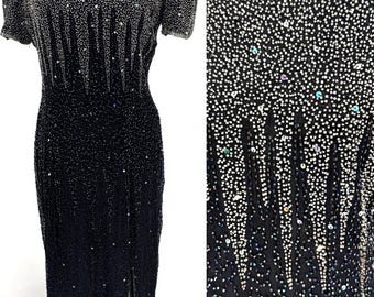 Talla 14 // Vestido largo con abertura Galaxy Sparkle // Vestido de noche vintage negro con cuentas // Glamour Art Déco Starburst de los 80