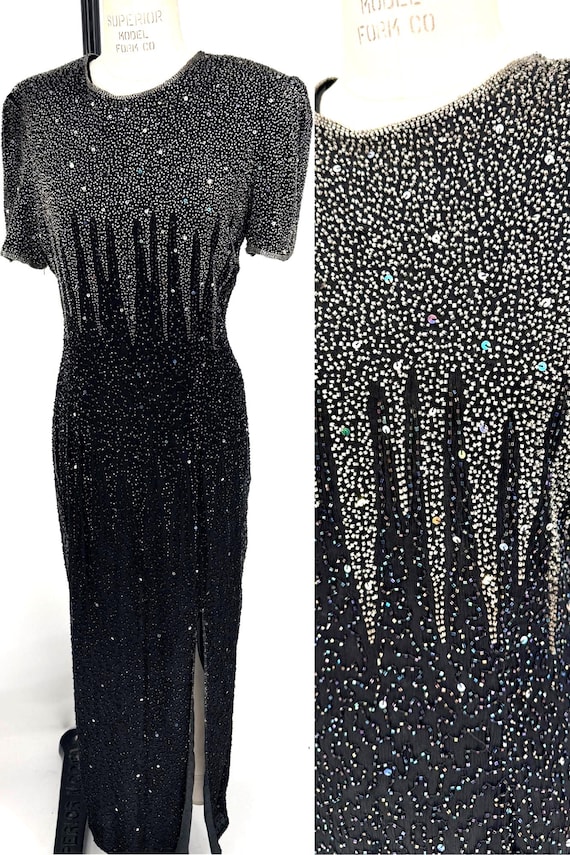 Size 14//Galaxy Sparkle Long Slit Dress//Vintage Black Beaded Evening Gown//80s Starburst Art Deco Glam