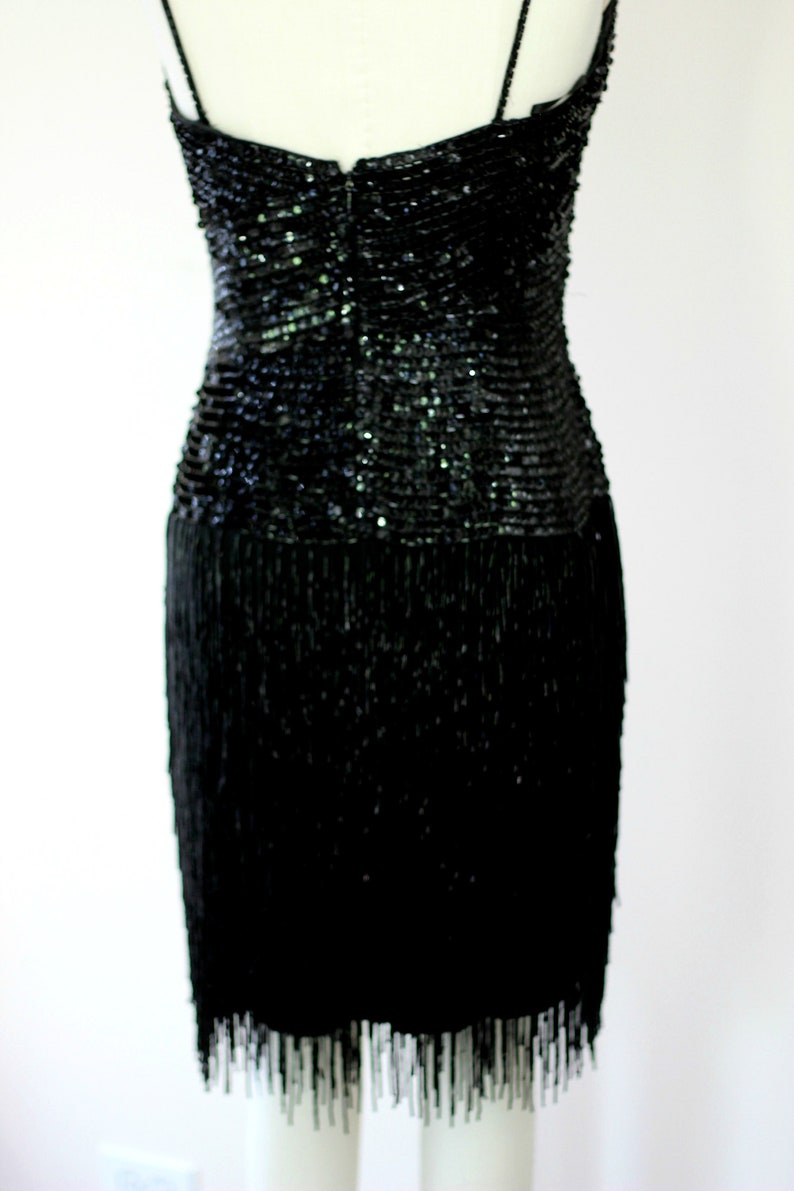Heavily Beaded Black Fringe Gatsby party Dress Formal sequined