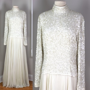 sz 14// Amazing Sequin Bodice silk Chiffon skirt// Bob Mackie Wedding Gown// Modest Wedding //Beads