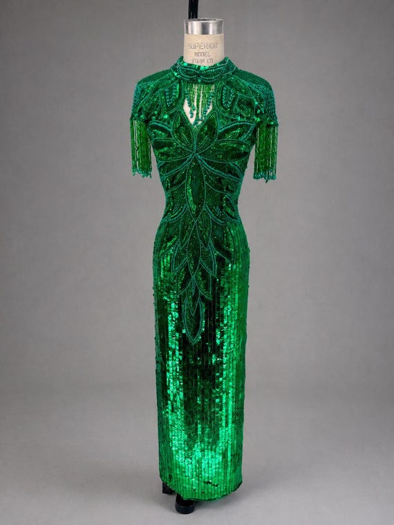 emerald green sequin dress AMIYA Lace Up Back Pattern Sequin Gown main image 1