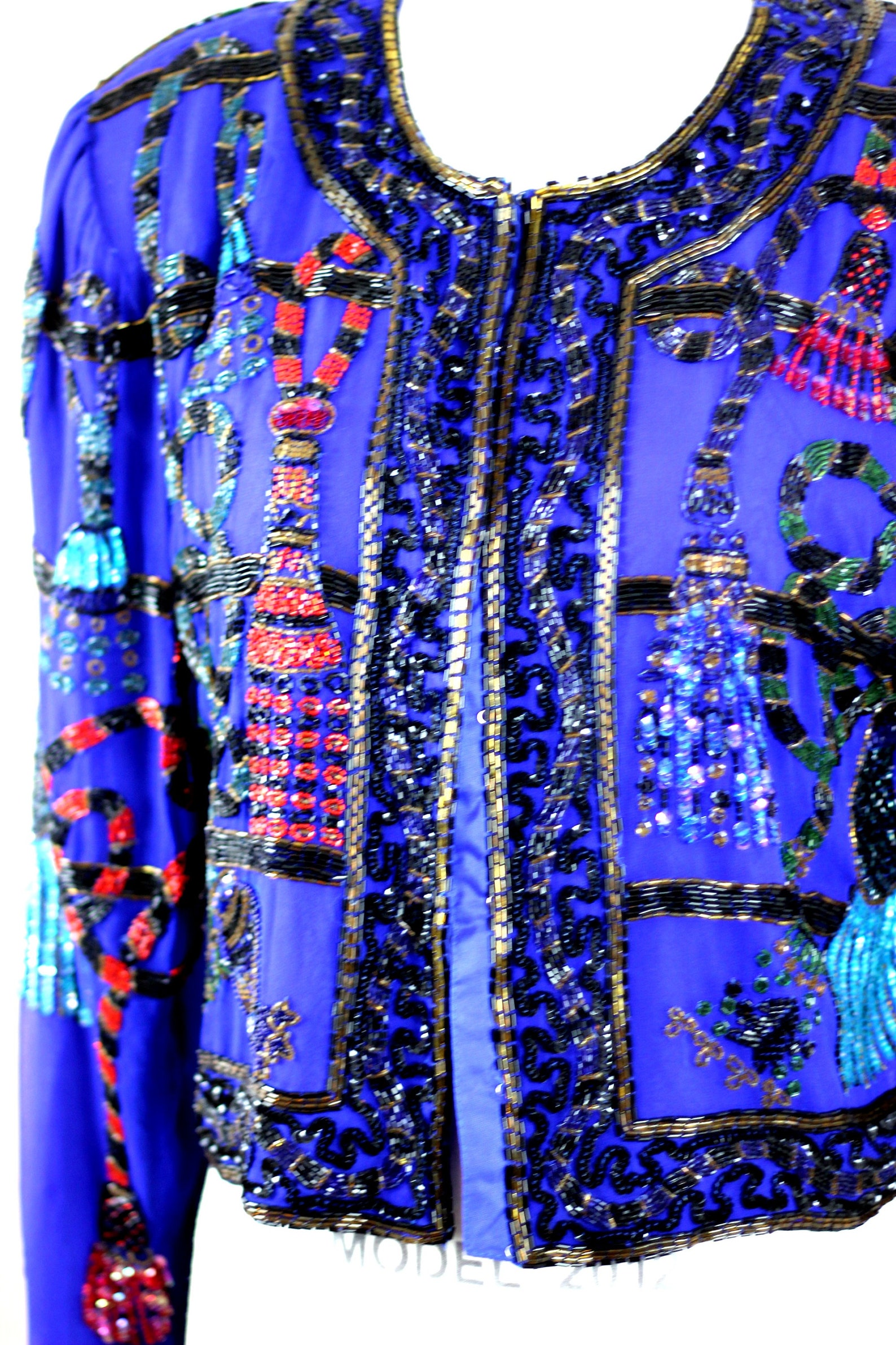 Sz L// Royal Blue Tassel Jacket// Beaded Sequins Silk Bolero Etsy