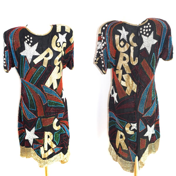 Sz L// Rock and roll vintage sequin dress//Glam beaded silk dress
