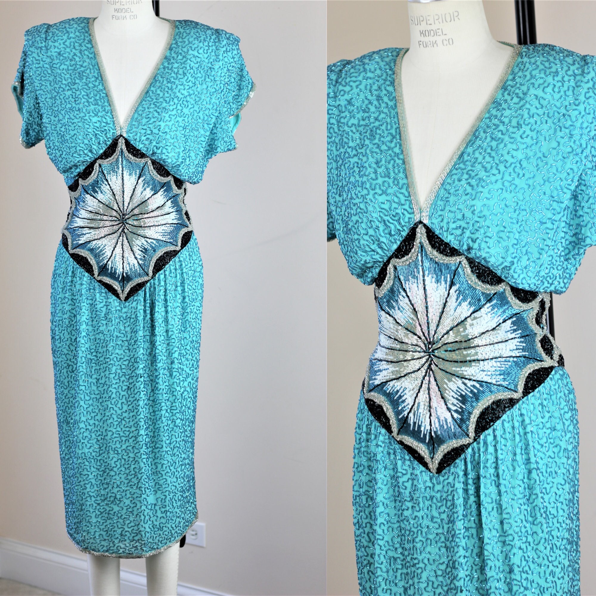 Sz M// Stunning Teal Blue Beaded Blouson Dress//80's Glam Lillie Rubin Sequin Dress