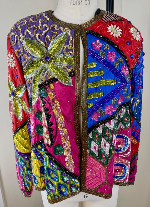 Size S//Colorful Patchwork Sequin Silk Statement … - image 2