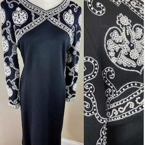 Size 10//Vintage Black Dress with Pearl Beaded Baroque Sleeves & Yoke//80s Cocktail Glam