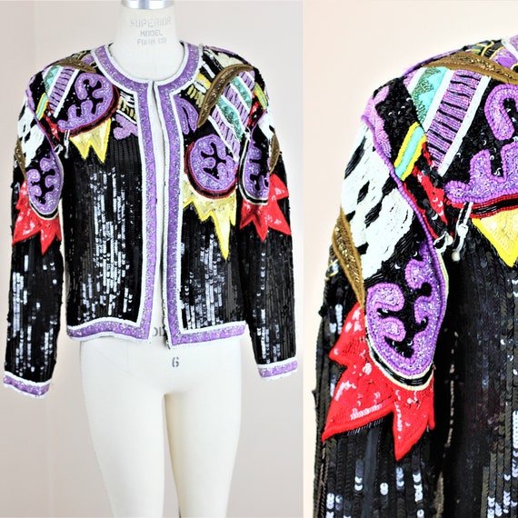Sz M// Beautiful Vtg Beaded sequined Jacket// Cro… - image 1