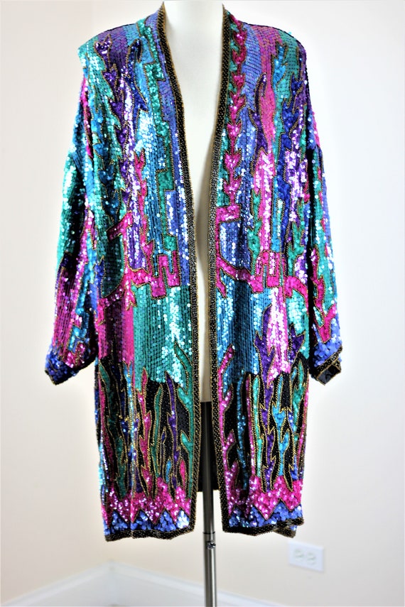 Sz 1x// Fabulous Sequin Coat Kimono// Beads silk … - image 5