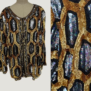 Size XL//Vintage Honeycomb Glam Sequin Jacket//Black, Gold & Iridescent Statement Piece