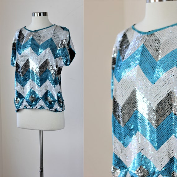 Sz M// Geometric Teal Blue silver white Top//Sequ… - image 1