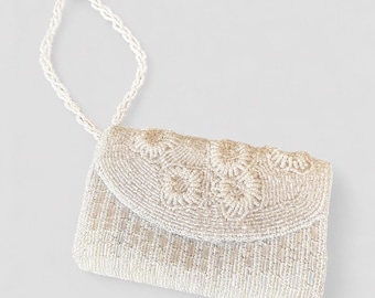 Vintage zilveren clutch met kralen, avondtasje met zilveren kraaltjes, bruidstasje uit de jaren 90, formele cocktailtas voor een bruiloft