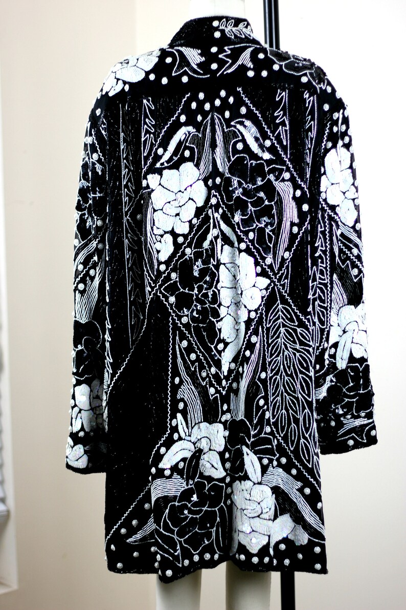 Plus sz 2X// Black White Sequin Beaded Duster// Long Jacket// Sequin coat image 5