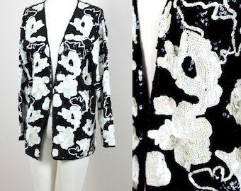 Sz S//Beaded Oleg Cassini Black White Jacket// Vintage sequins