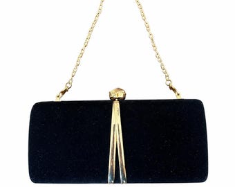 Vintage zwart fluwelen clutch met harde hoes, formele gouden avondtasje, mid Century-avondclutch Glam