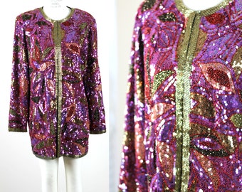 Sz M// Decadent Sequin Beaded Coat Jacket// Long jacket