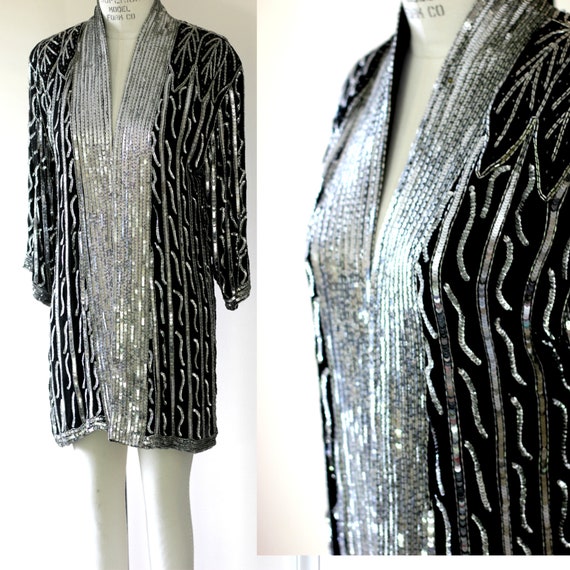 Size S stunning Silver Sequin Beaded Duster Vintage Long Jacket Etsy Denmark