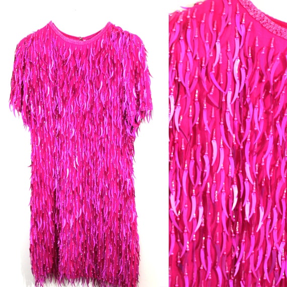 Gatsby party//Hot pink Cattail Sequin beaded dress