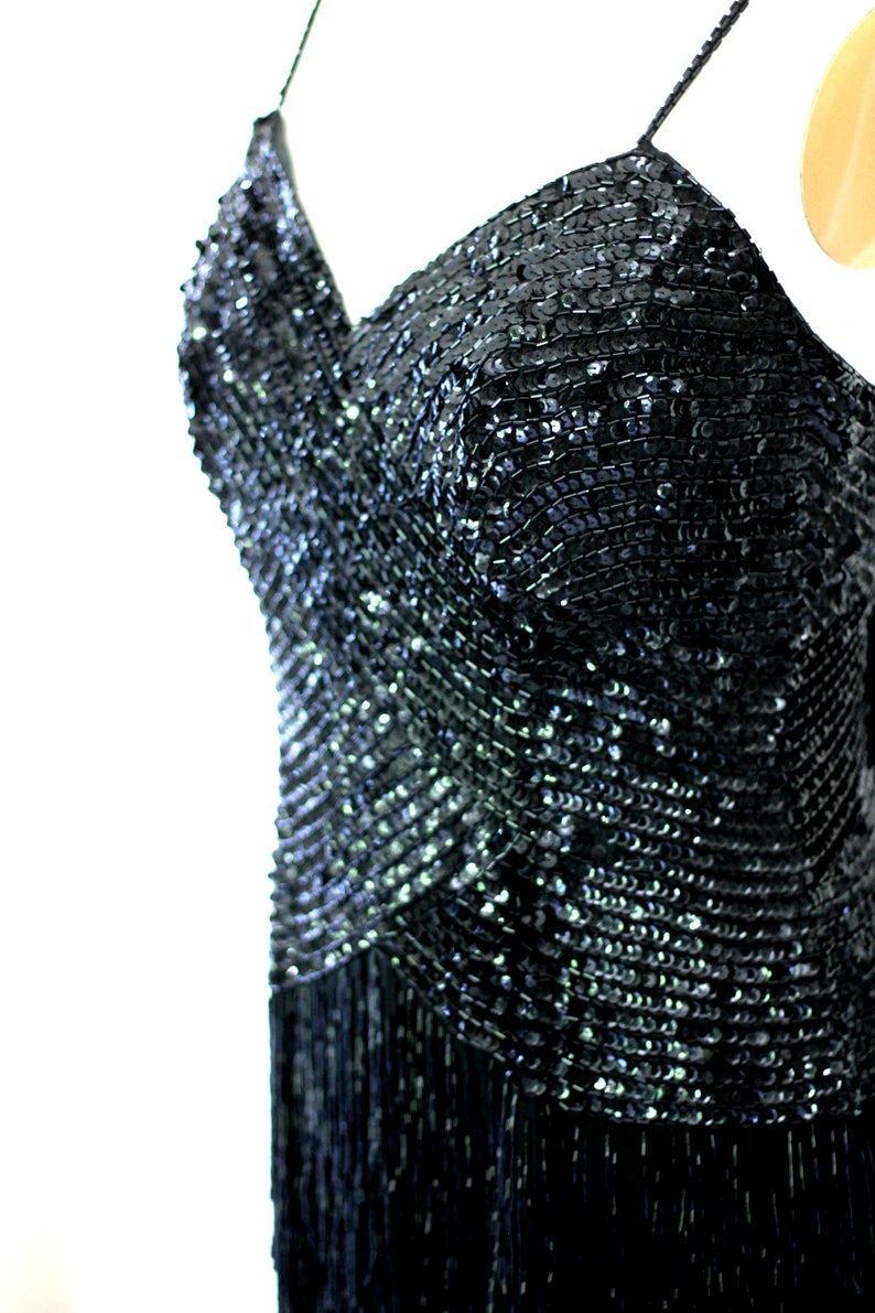 Heavily Beaded Black Fringe Gatsby party Dress Formal sequined