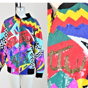 Sz M//80&#39;s Glam Funky Bomber Jacket//Vintage sequins beaded