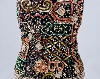 Vintage Beaded Corset Top, Strapless Sequin Bustier, Pearl Embellished Multicolor Statement Party Top (Sz L)