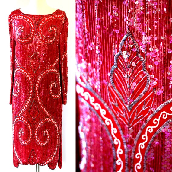 Sz M//Vintage Gatsby Style Sequin Beaded Red dress