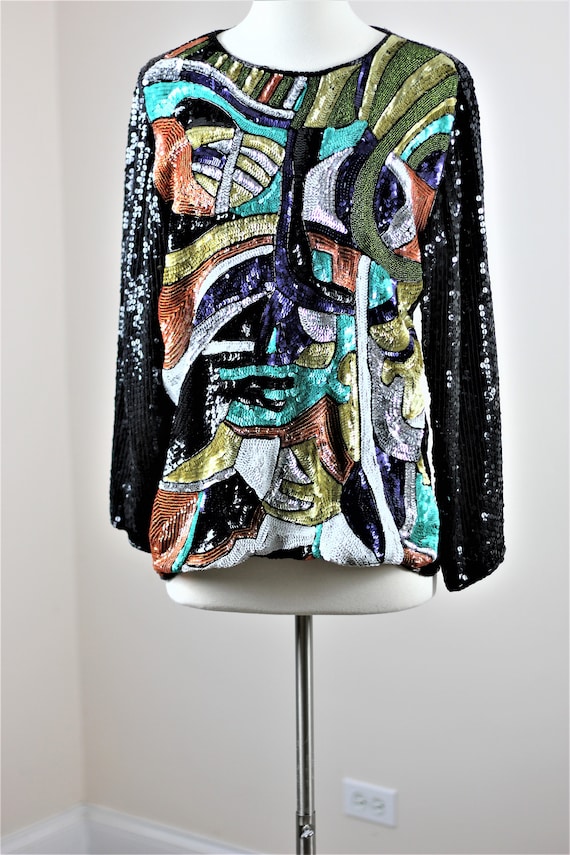 Sz L//Modern Art Abstract Sequins Face Top// Sequ… - image 2