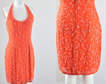 Maat S//Vintage oranje zijden halster feestjurk met kralen//Mini-jurk met pailletten kralen
