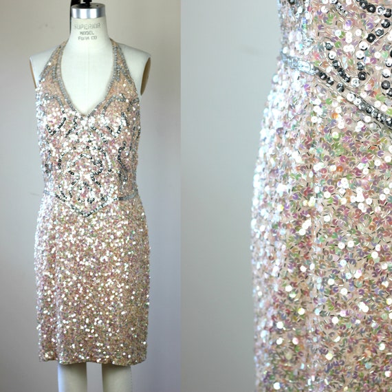 Sz 12// Vtg Sequin Beaded Silk Dress//Halter Dress