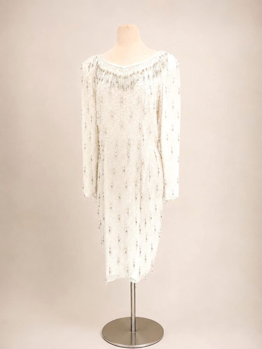 white beaded shift dress Vintage Pearl Dress, Ivory Beaded Cocktail Dress, Bridal Reception Dress, Sequin Party (sz 8) color:Agave A showstopper Sheer Bodice Dress I Tried All 5