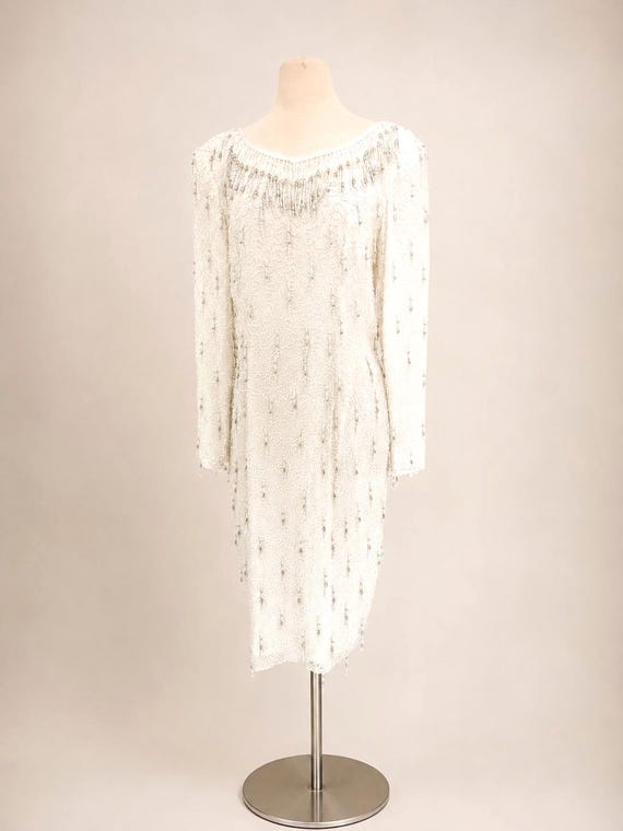 vintage beaded cocktail dress White Pearl Dress, Ivory Beaded Dress, Bridal Reception Dress, Sequin Party (sz 8) ProductID: 120416 Black Lace Dress + Size:M/3-4 34Empire Waist (under bust)