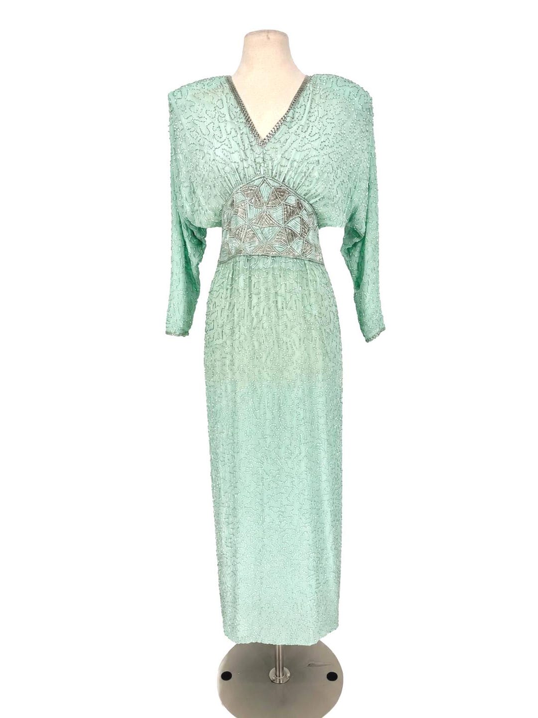 asos mint green embellished dress Judith Ann Beaded Gown, Silver Sequin Dress, Vintage 80s Evening Art Deco Dress, Draped Sleeve Maxi NWT (sz XS) party asos dresses