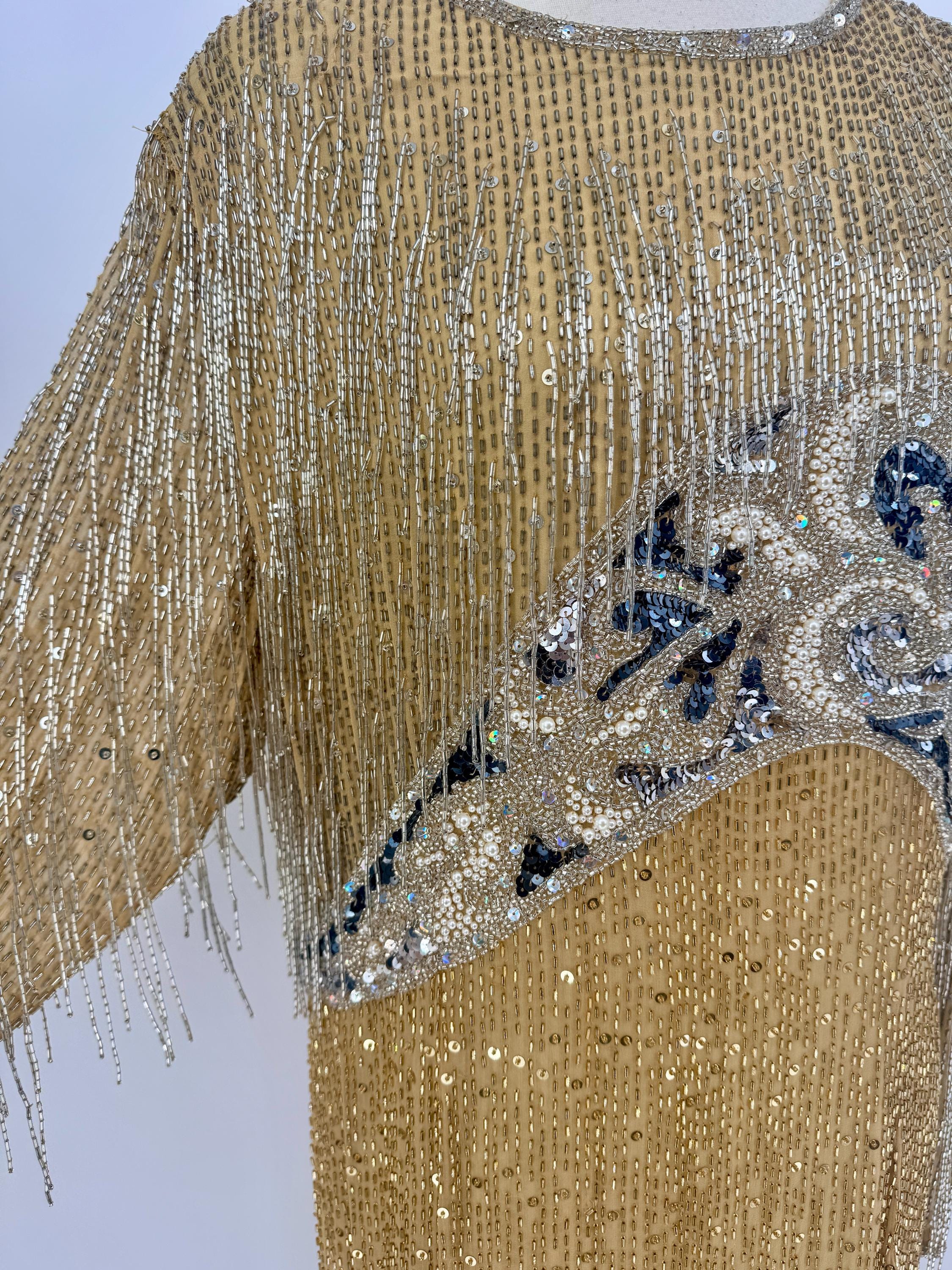 long sleeve gold fringe dress Gold Shiny Fringe Long Sleeve Dress