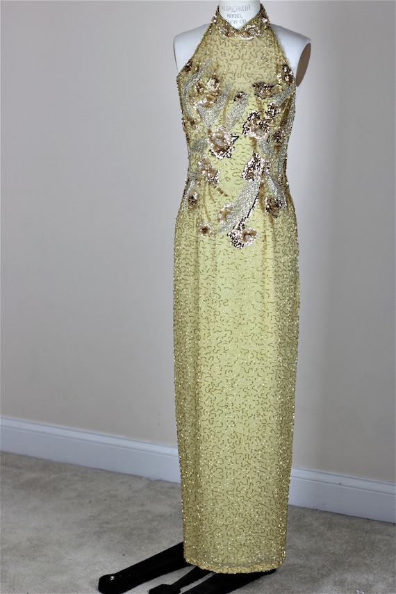 Sz 6// Vintage Beaded couture dress// Long gold g… - image 2