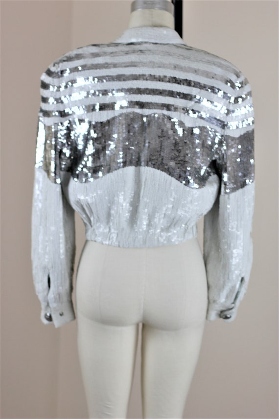 Sz M// Sequin Bomber Jacket// Beaded sequins silv… - image 4