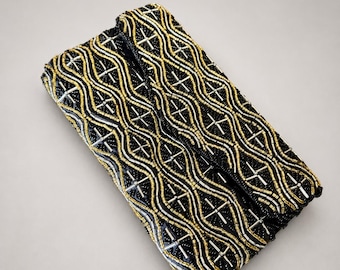 Vintage La Regale clutch met kralen, zwart-gouden art-deco tas, cocktailtasje voor 's avonds, formele handtas