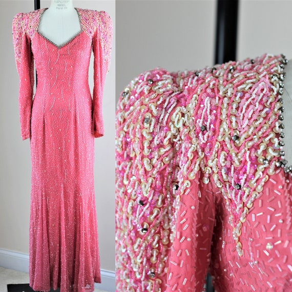 Sz S//rhinestone Sequins Beaded Salmon Gown// Vintage Beaded - Etsy