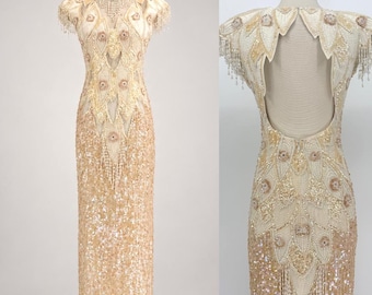 Vintage Champagne Sequin Gown with Beaded Fringe, Ivory Gold Embellished Evening Dress (Sz S)