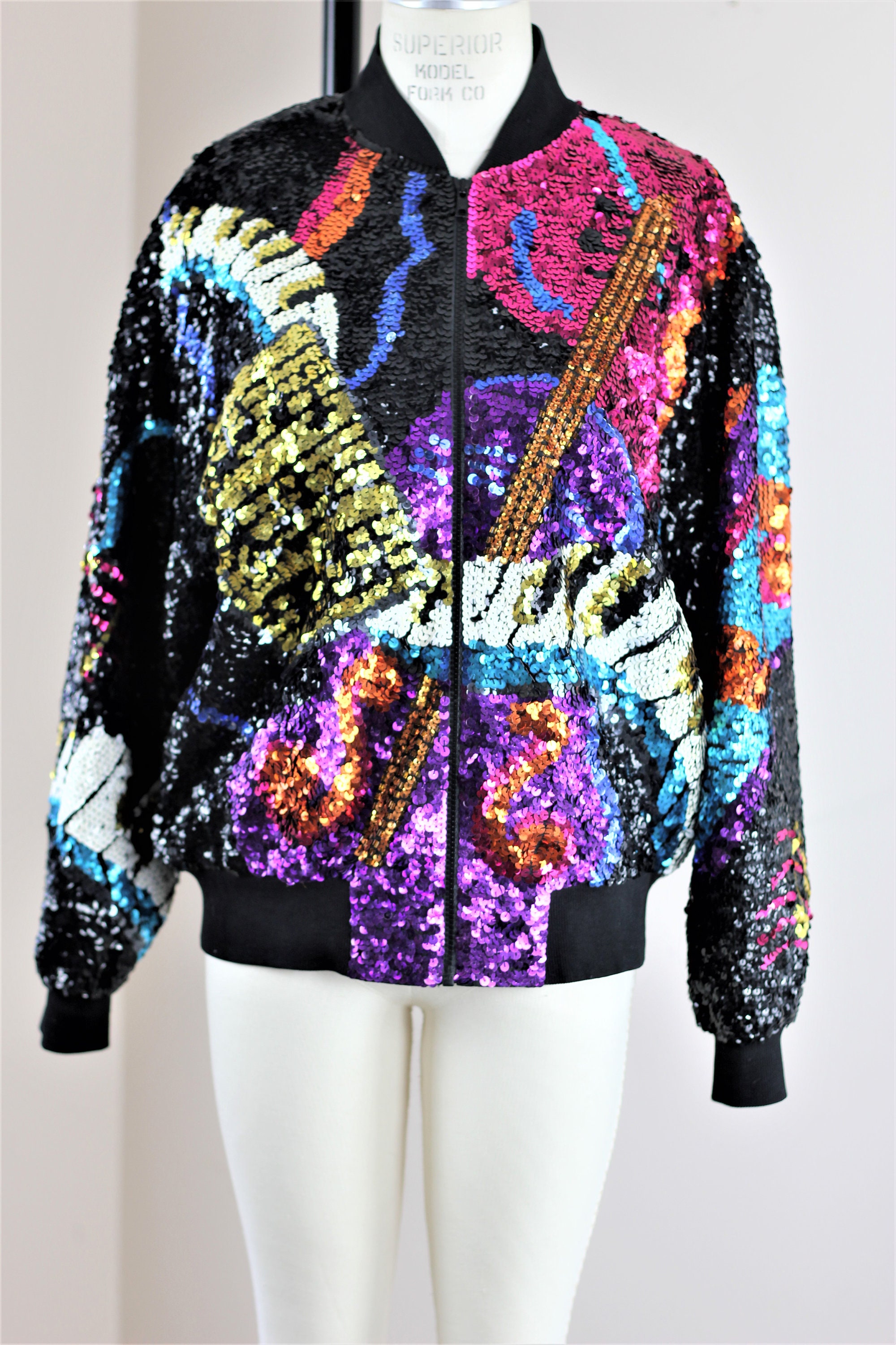 Sz S// Brightly Colored Sequin Music Bomber Jacket// Funky Unisex