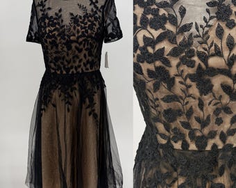 Sz 8//Lace Cocktail Dress | Black Illusion Lace over Champagne Cocktail Dress//Romantic Sheer Party Dress//NWT