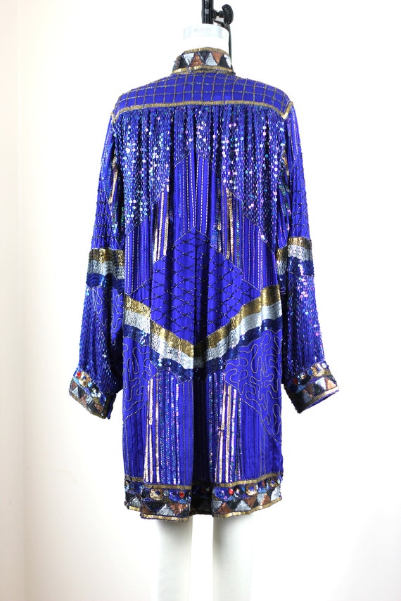 Sz L// Blue Sequin Beaded Jeweled Long Jacket// D… - image 7