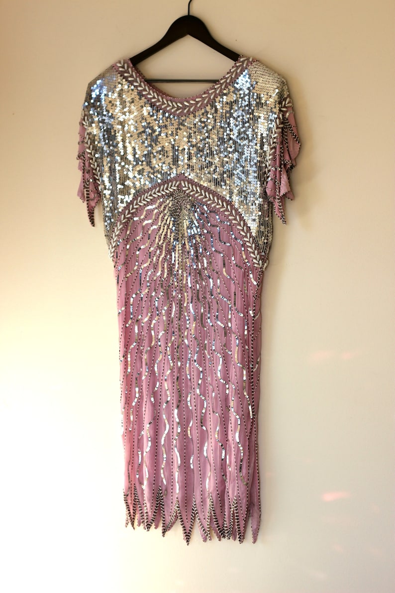 Mauve Pink Silver Flapper Style Vintage Sequin Beaded Dress