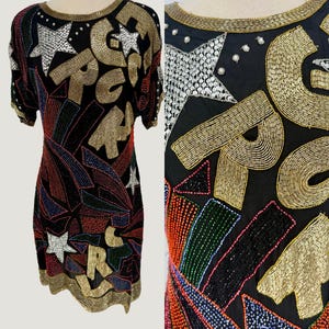 Size M//Retro Rainbow Sequin Alphabet Dress//Sequin Glam Rocker Party Dress