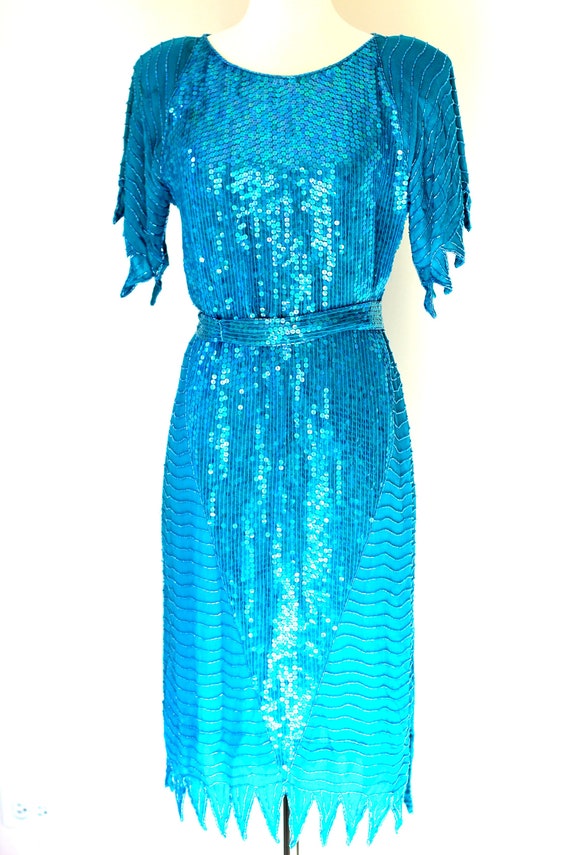 Size S//Gatsby Party Sequin Dress w belt// Vintag… - image 2