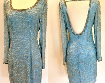 Sz 8//Blue with Silver Beading Vintage Oleg Cassini Silk Dress//Black Tie Cocktail Dress//Open Back Long Sleeve Designer Glam